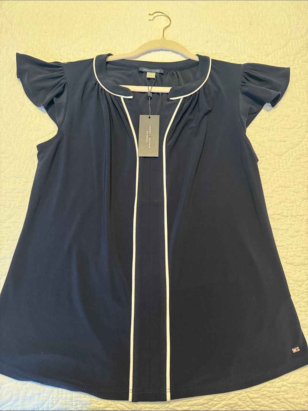 Tommy Hilfiger Navy Top with White Trim and Flutter Sleeves